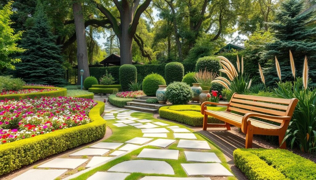 A picturesque garden with a bench and blooming flowers, illustrating the integration of hardscape and softscape design features.