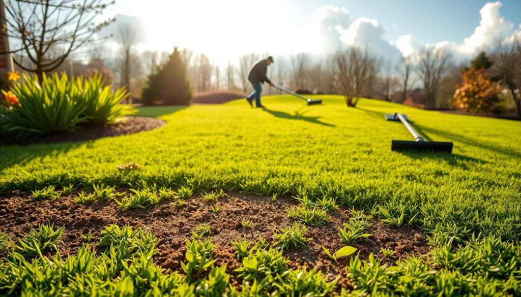 A man mows the lawn, emphasizing the ideal timing for power seeding in the yard.
