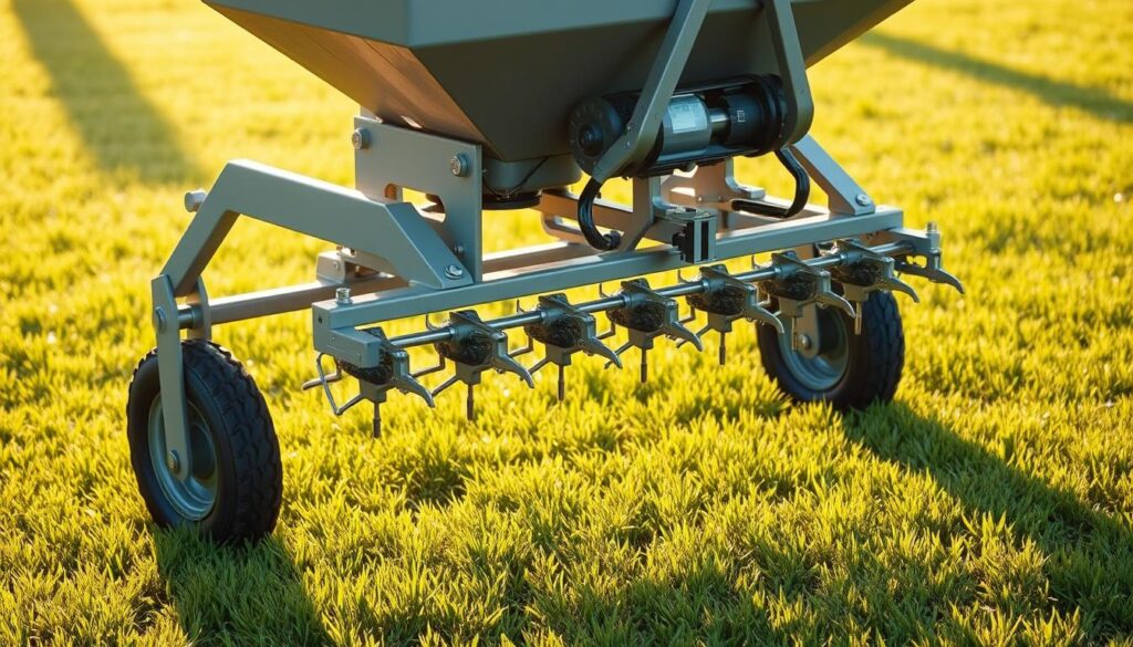 A power seeding machine designed for spreading fertilizer across agricultural fields.