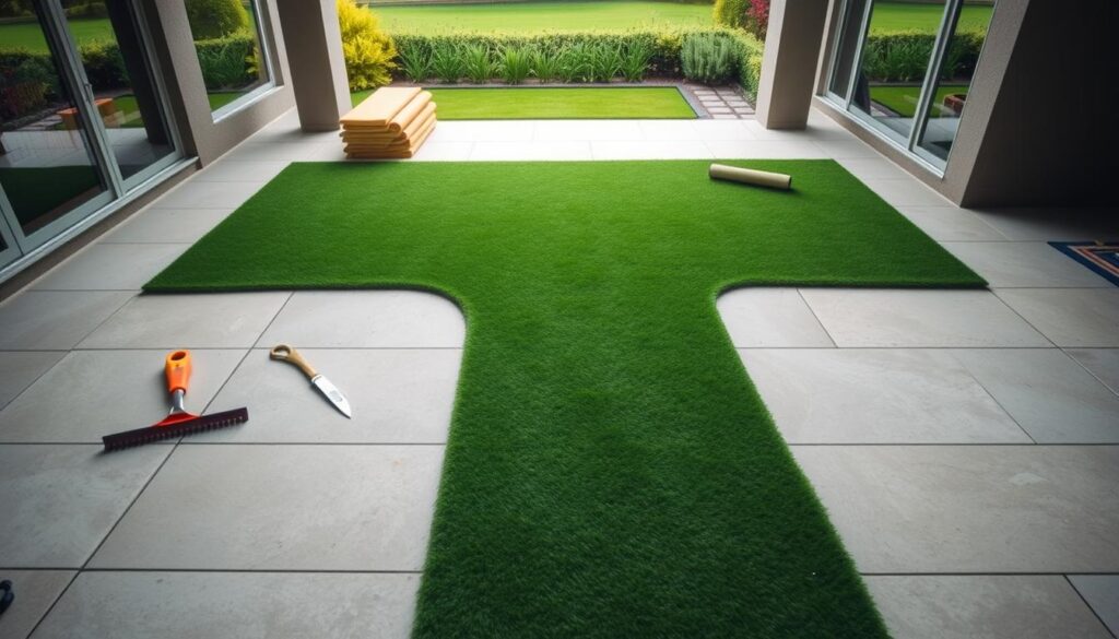 A grassy area featuring turf dethatching tools and a turf dethatcher, ready for lawn maintenance.