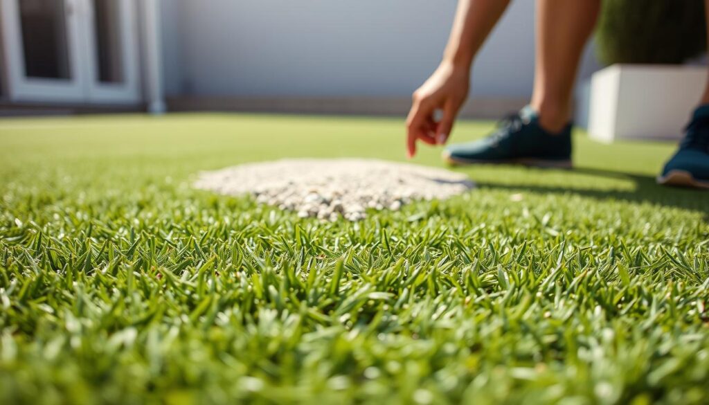 A person walks across a grassy field, showcasing the application of artificial turf infill.