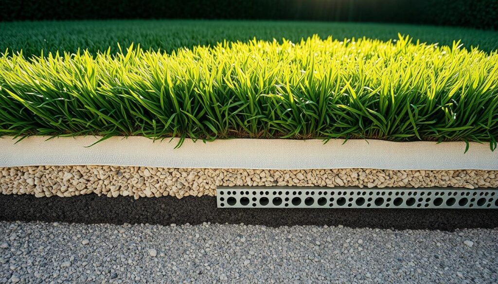 Grassy area featuring a concrete base with a drain, designed for artificial turf installation and effective drainage.
