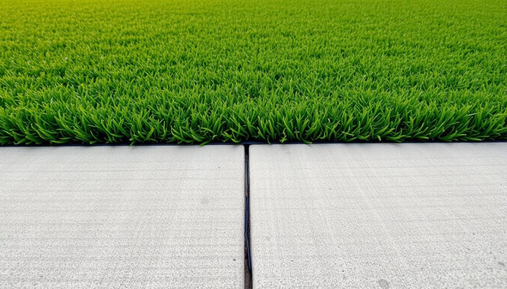 A grassy field featuring artificial turf on a concrete walkway, blending natural and urban elements.