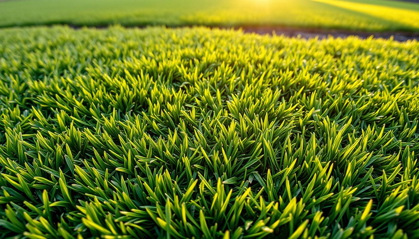 2. Lush green grass illuminated by sunlight, highlighting a newly installed turf area.