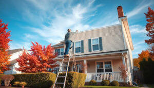 A man using a ladder to paint a house's exterior, demonstrating expertise in seasonal home maintenance.