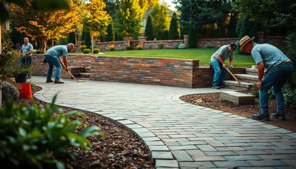Several men collaborating on a hardscape installation, showcasing their skills in hardscape construction.