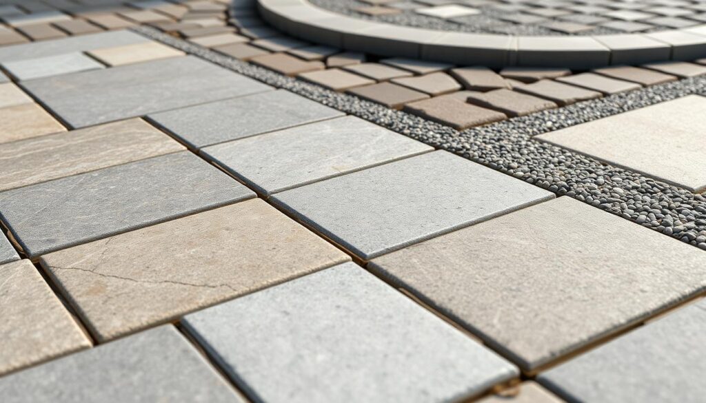 A stone walkway featuring a circular pattern, showcasing various paver and stone material options.