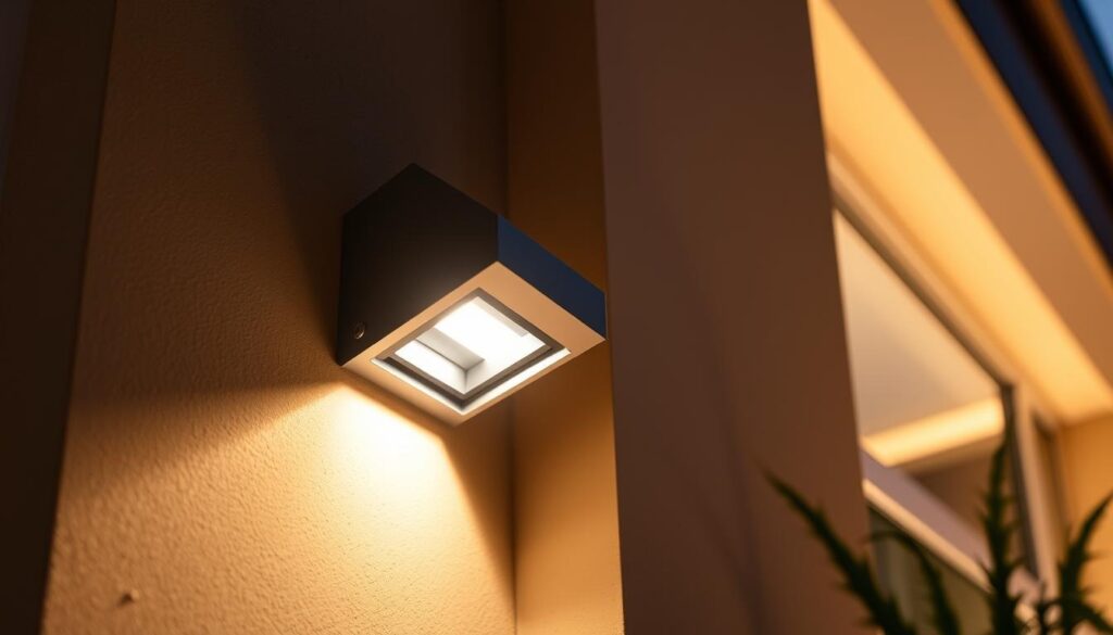 An outdoor led lighting wall-mounted light illuminates a dark night scene.