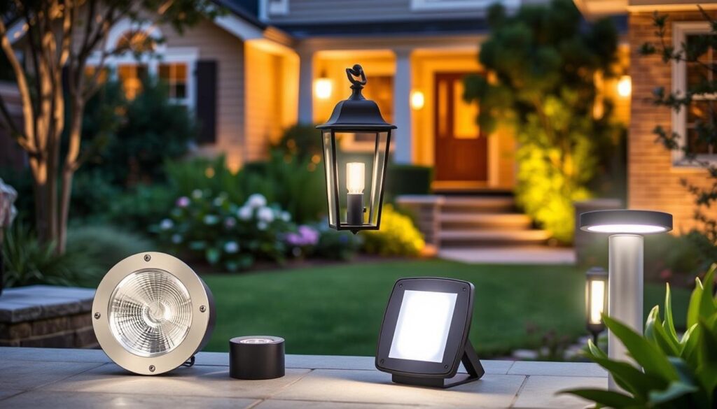 A comparison of various outdoor lighting fixtures displayed in a garden setting, showcasing their design and illumination effects.