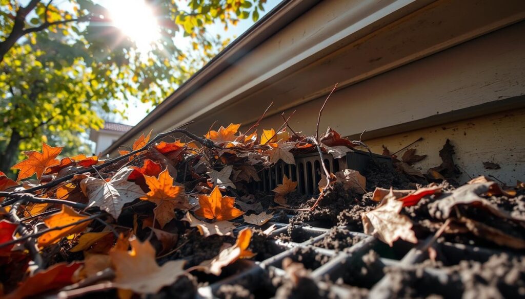 A collection of leaves on the ground next to a house, highlighting seasonal debris accumulating in the gutters.