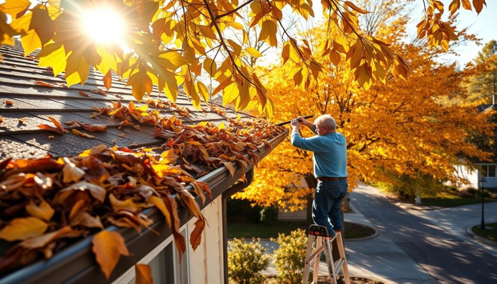 A man on a ladder painting the exterior of a house, showcasing his skills as a fall clean-up expert.
