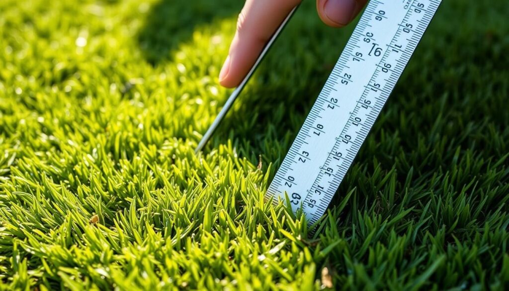 A person measuring the length of grass with a ruler, concentrating on the measurement of the thatch layer.