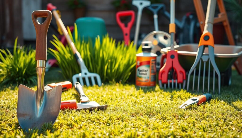A collection of garden tools and supplies arranged on grass, including various lawn preparation tools.