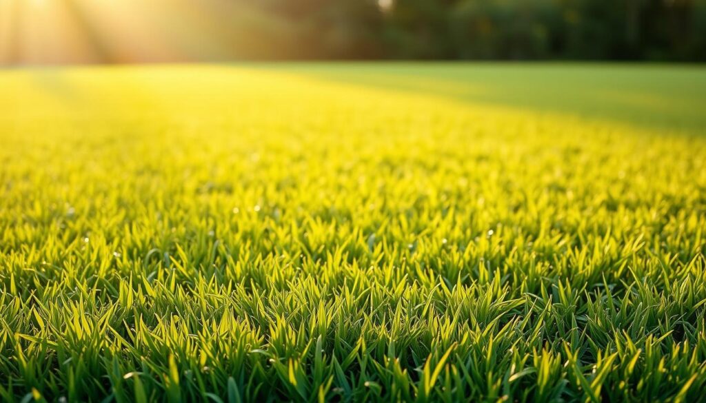 Bright sun shining through a lush artificial grass field, highlighting the vibrant green tips of the lawn.