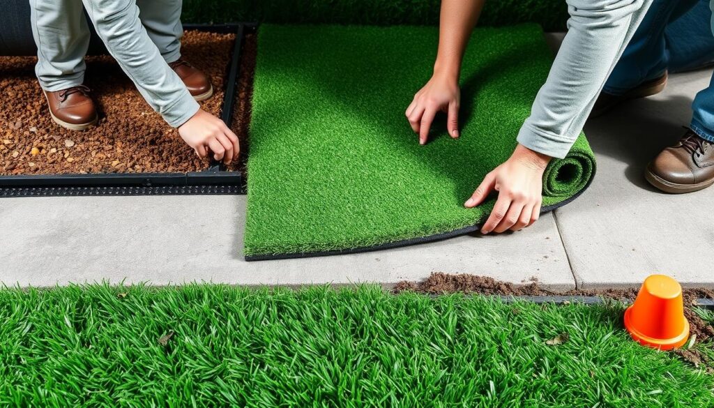 Two individuals installing artificial grass along a sidewalk as part of the turf installation process.