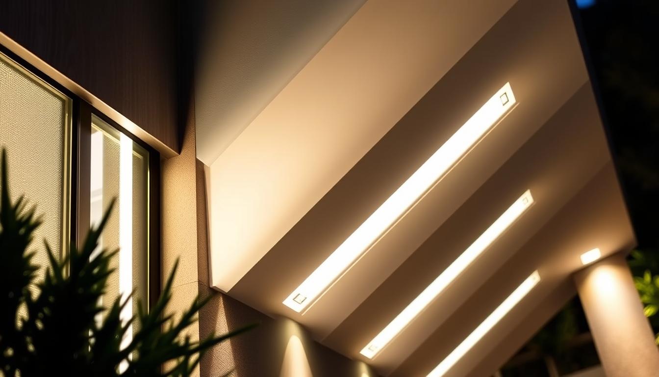 Close-up image of a building with illuminated integrated outdoor LED lighting, emphasizing its modern architectural features.