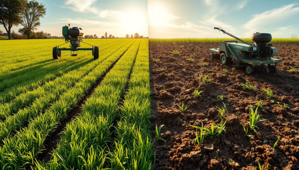A pair of images featuring a tractor working in a field for turf power seeding.