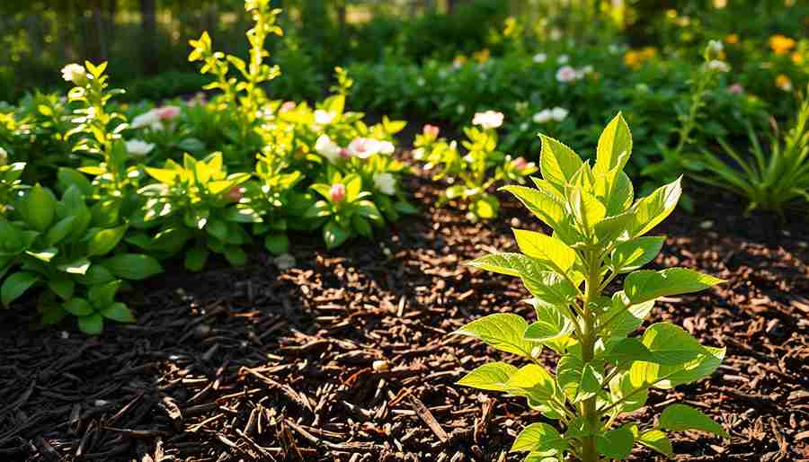 A small plant thriving in a layer of mulch, highlighting the role of mulching in supporting healthy plant development.