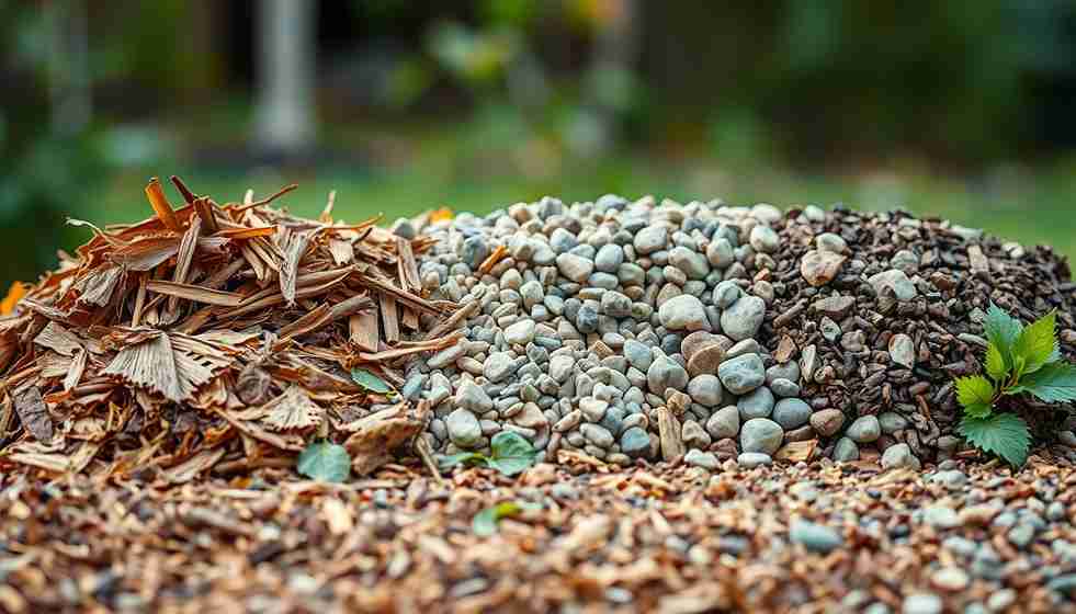 A diverse assortment of seeds and grasses arranged in a pile, showcasing various types of mulch for gardening use.