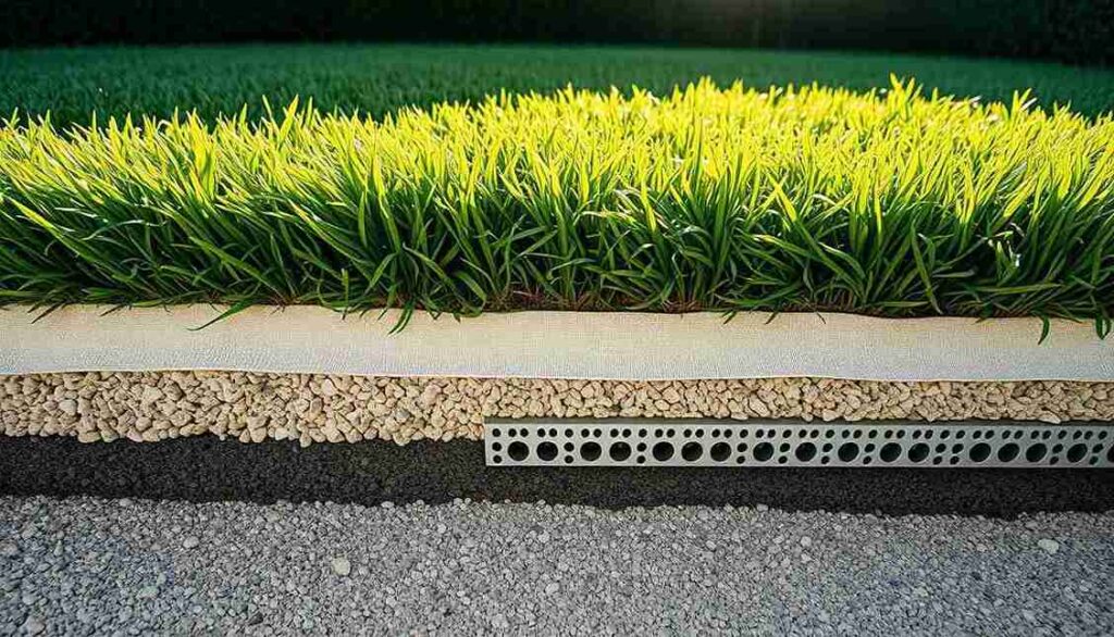 A grassy space with a concrete curb and drainage, optimized for artificial turf installation and water flow management.