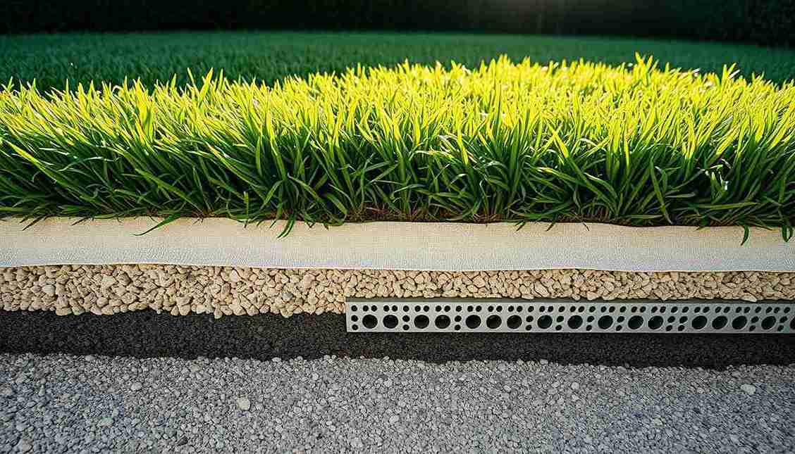 A grassy space with a concrete curb and drainage, optimized for artificial turf installation and water flow management.