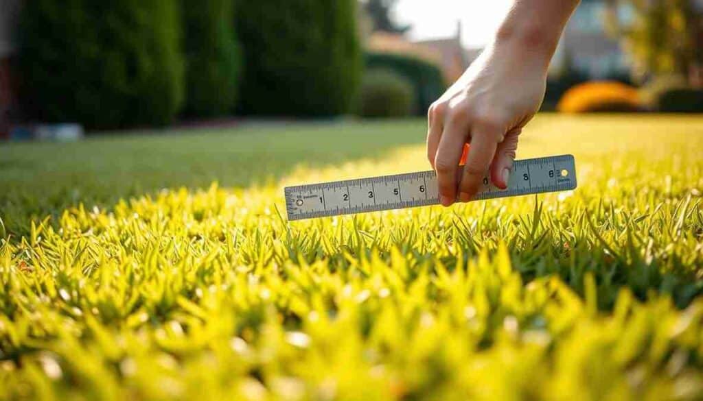 A person measuring grass length with a ruler, focusing on dethatching for lawn care. 