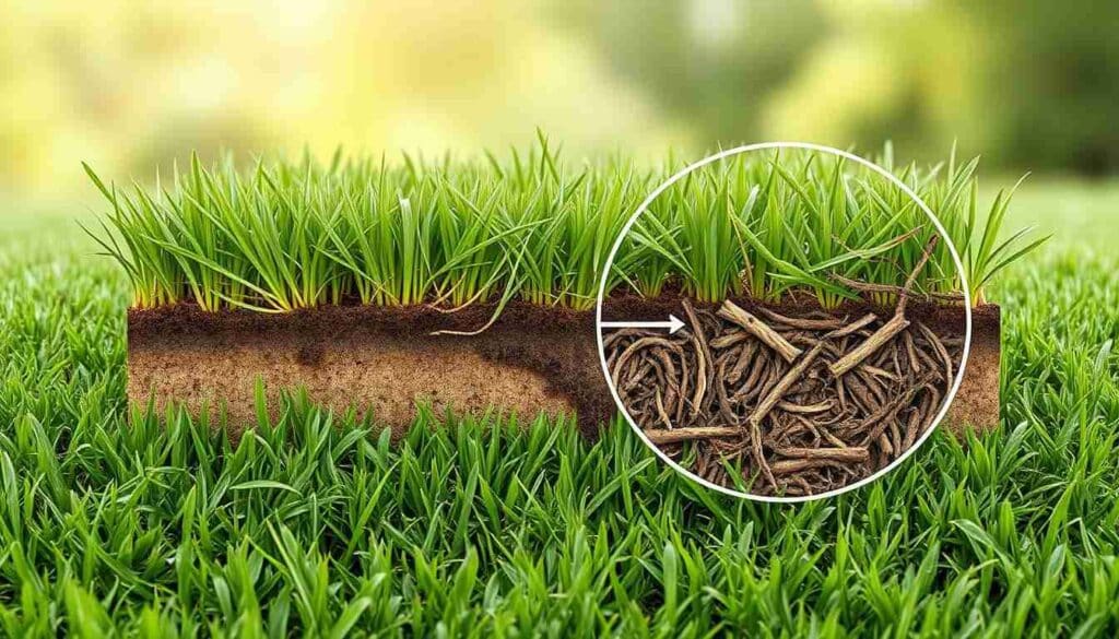 Grass and soil with a circular design on a green background, illustrating the process of dethatching.