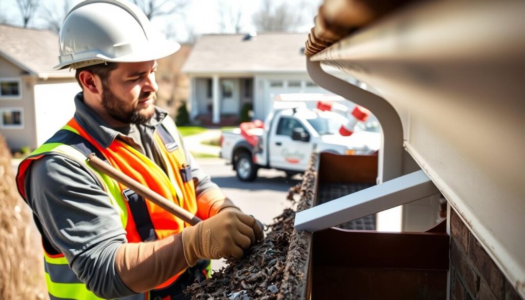 A man in a hard hat and safety vest cleans a gutter, showcasing a professional gutter cleaning service in action.