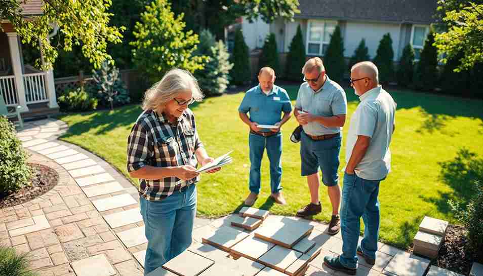 A group of people in a yard, discussing plans while looking at a tablet, likely related to hardscape contractor.