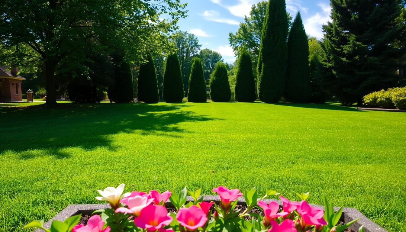 A vibrant flower garden surrounded by trees and grass in a park setting, showcasing colorful blooms and lush greenery.