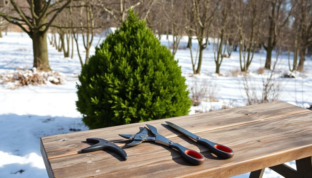 A pair of scissors and pliers resting on a wooden table, tools for bush and shrub trimming.