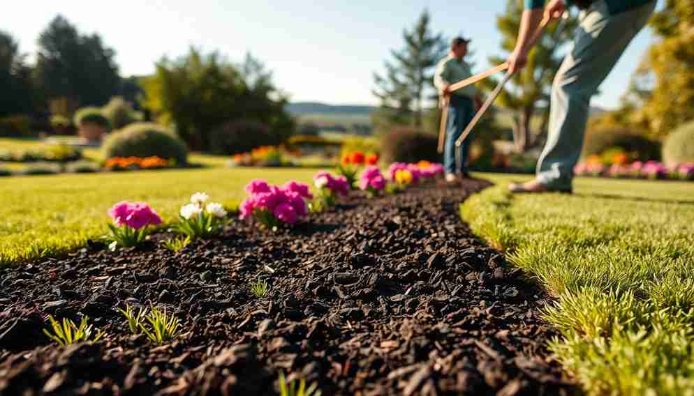 A man is mulching a flower bed, improving its aesthetics and helping retain moisture in the soil.