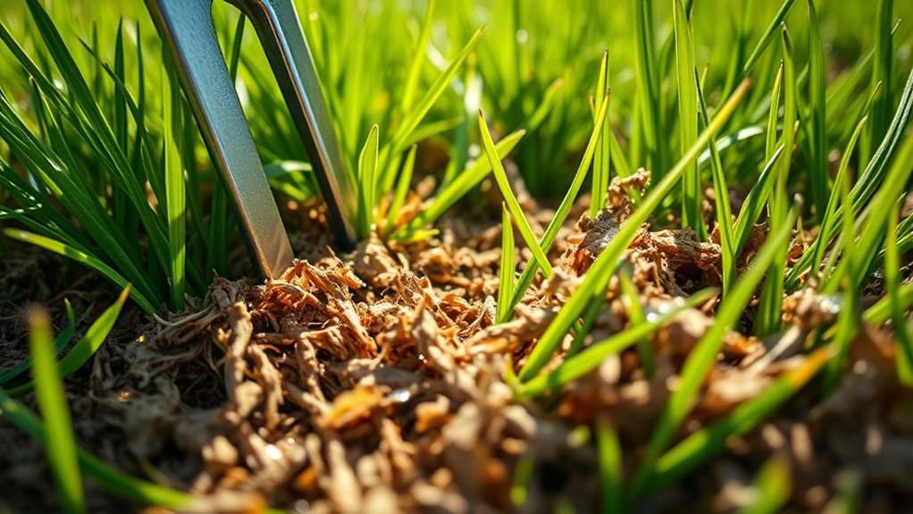 A pair of scissors on a lush green lawn, highlighting tools for optimal lawn maintenance and dethatching.