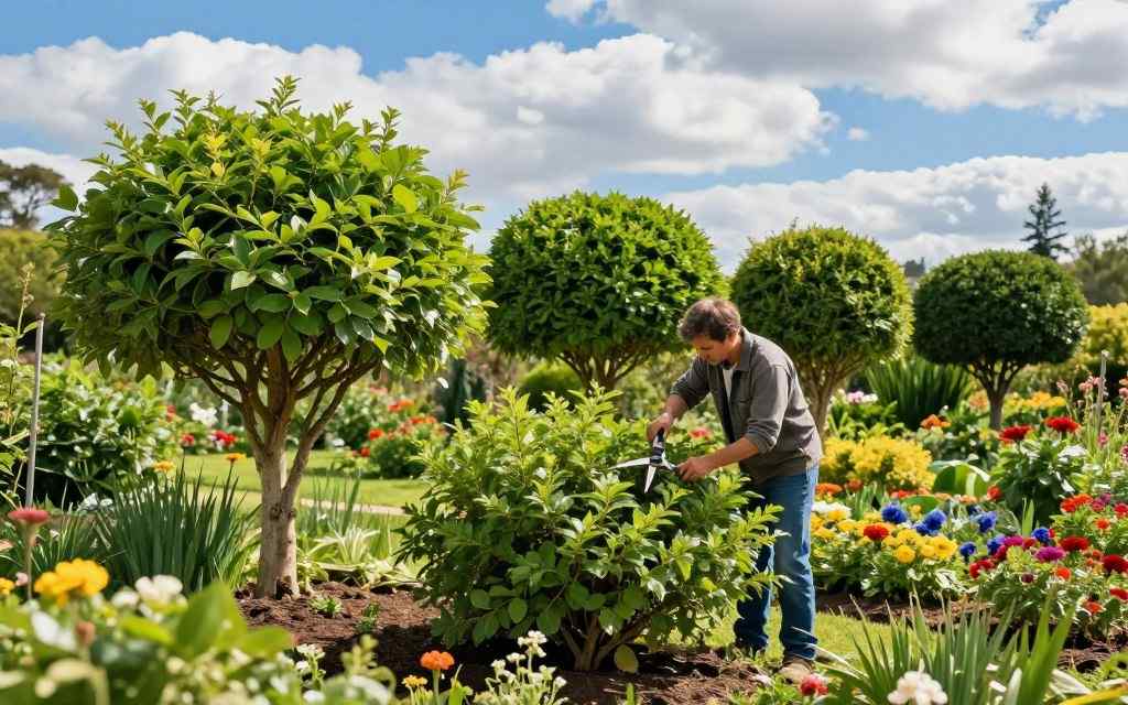 A man carefully trims shrubs in a garden, enhancing the appearance of nearby trimmed shrubs.