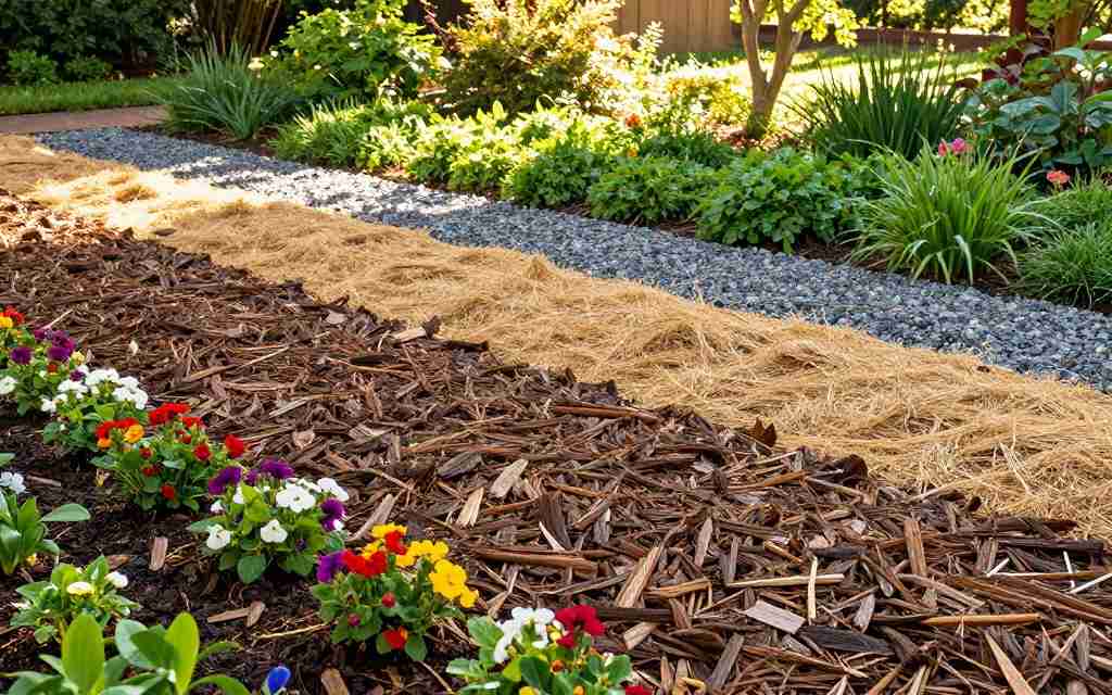A vibrant garden scene showcasing various types of mulch used for weed suppression. In the foreground, display a close-up of rich organic mulch, such as dark brown wood chips and shredded leaves, interspersed with colorful flower beds. In the middle ground, highlight straw mulch and gravel in neatly organized rows among lush greens, creating visual contrast. The background features a sunlit garden with healthy plants, casting soft shadows, as sunlight filters through tree leaves, producing dappled light effects. Capture this image from a slightly elevated angle, using a wide lens to encompass the beauty of the diverse mulch types and the garden’s overall appeal. The atmosphere should be warm and inviting, evoking a sense of lush growth and effective landscaping.