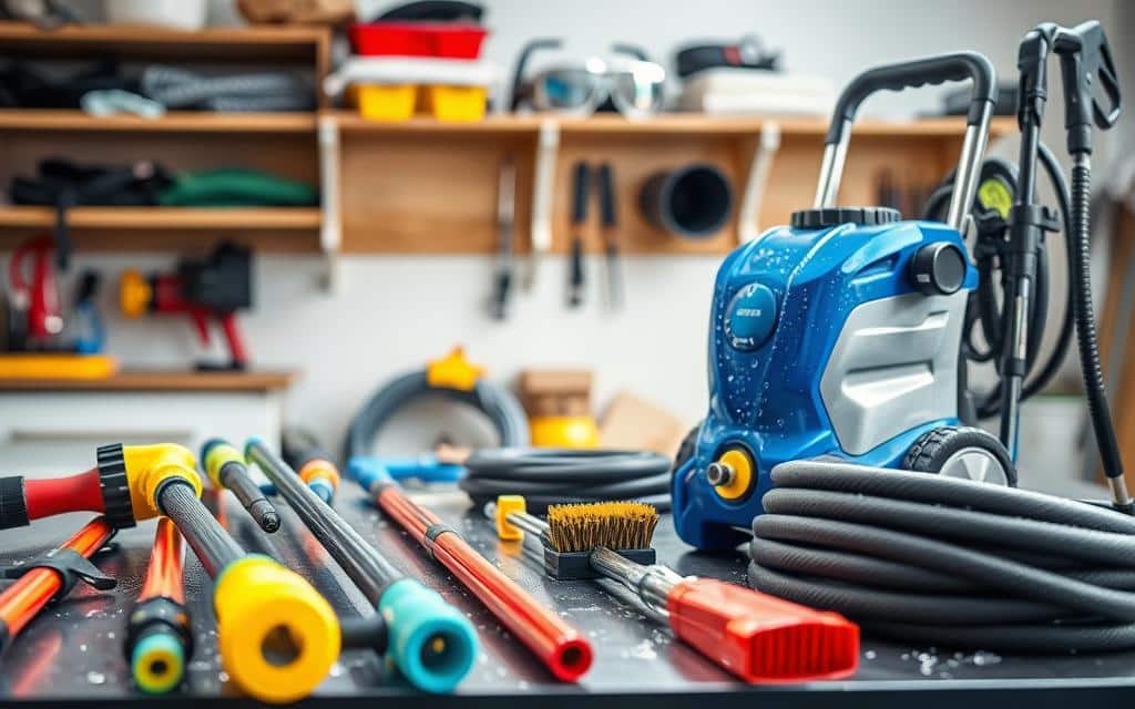 Specialized gutter cleaning tools and pressure washing equipment