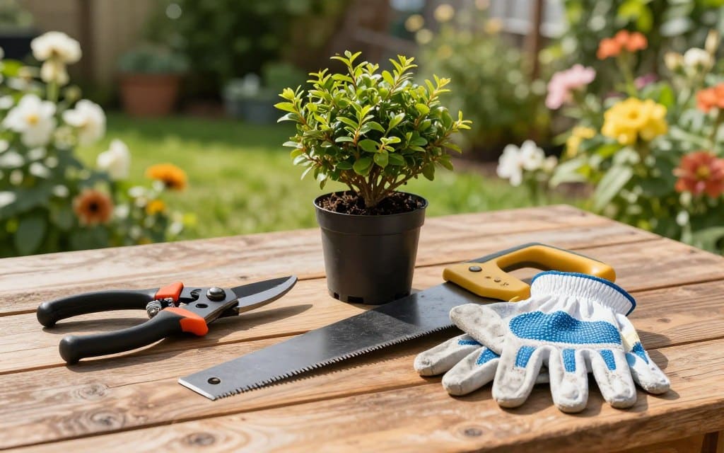 A detailed arrangement of essential pruning tools for maintaining healthy shrubs, prominently displayed on a rustic wooden table in a garden setting. The foreground features a pair of sharp pruning shears, a sturdy hand saw, and a set of garden gloves, showcasing bright colors and intricate details. In the middle ground, a small potted shrub displays an overgrown appearance, ready for rejuvenation, hinting at the transformation to come. The background features soft, blurred greenery and blooming flowers, bathed in warm, natural sunlight that casts gentle shadows. The scene conveys a peaceful, productive atmosphere, inviting the viewer into the art of gardening. The focus is solely on the tools and the environment, without any text or distractions.