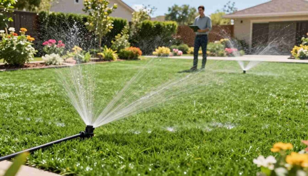 A lush, vibrant artificial lawn adorned with rich green grass, neatly trimmed and well-maintained, showcasing the seamless integration of efficient irrigation systems. In the foreground, sprinkles of water glisten in the sunlight, highlighting the irrigation mechanics like drip lines and sprinklers delivering moisture to the synthetic turf. The middle ground features a professional landscape designer inspecting the area, dressed in smart casual attire, demonstrating expertise. The background captures a sunny suburban garden with colorful flowers and a clear blue sky, exuding a relaxed and inviting atmosphere. The lighting is bright and natural, creating a cheerful and productive mood. The perspective is slightly elevated, offering a comprehensive view of the artificial lawn and its irrigation setup, illustrating the key benefits of this integration.